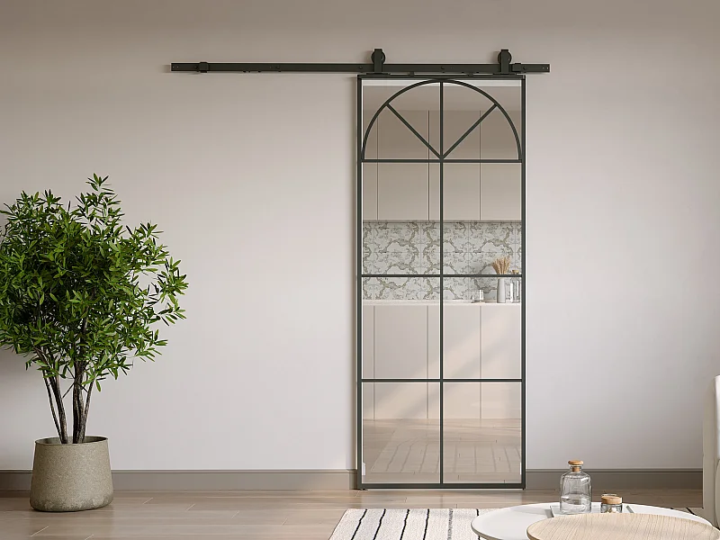 Porte coulissante avec système en applique style art déco - aluminium et verre trempé - H204 x L83 cm - Noir - VIGELO