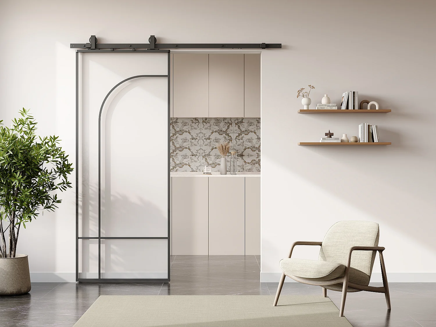 Porte coulissante avec système en applique style verrière - aluminium et verre trempé  - H204 x L83 cm - Noir - CLOSIDA