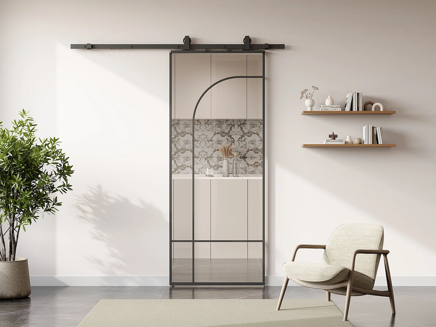 Porte coulissante avec système en applique style verrière - aluminium et verre trempé  - H204 x L83 cm - Noir - CLOSIDA