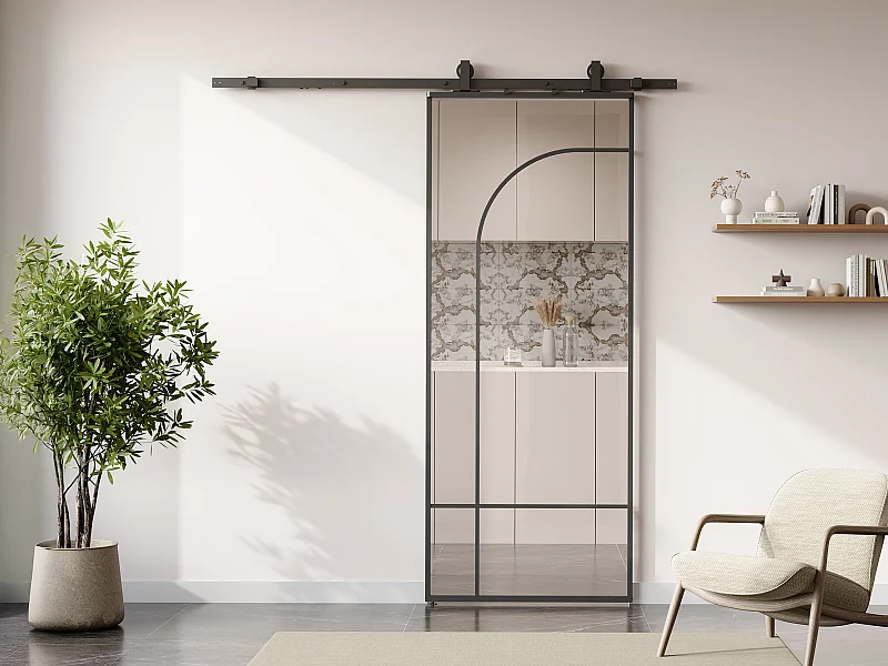 Porte coulissante avec système en applique style verrière - aluminium et verre trempé  - H204 x L83 cm - Noir - CLOSIDA