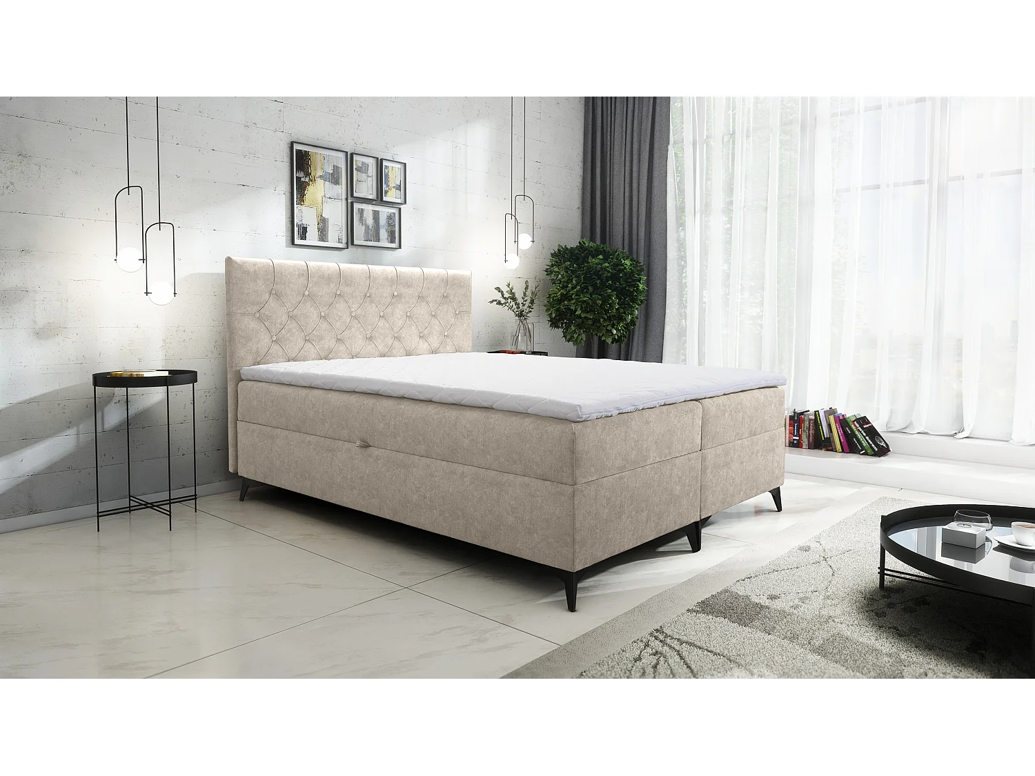 AX LIVING lit boxspring 180x200 avec coffre de rangement Palmeria en beige