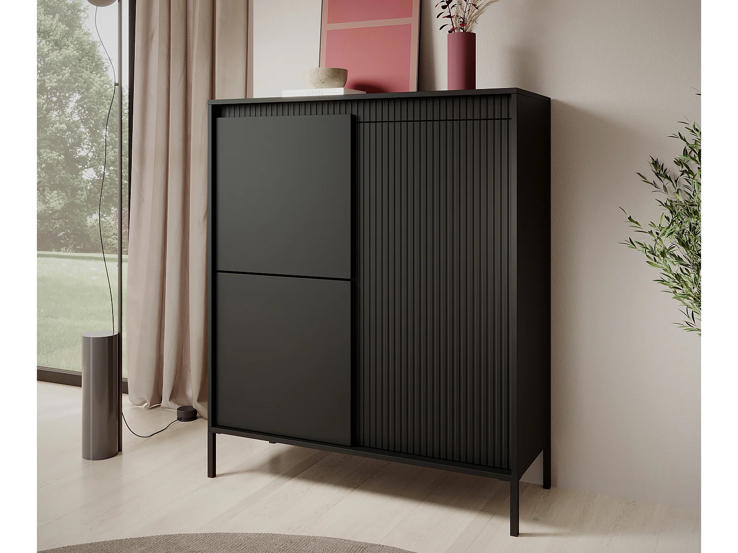 AX LIVING highboard moderne Trentinis 3D noir 103,5 cm avec façade rainurée