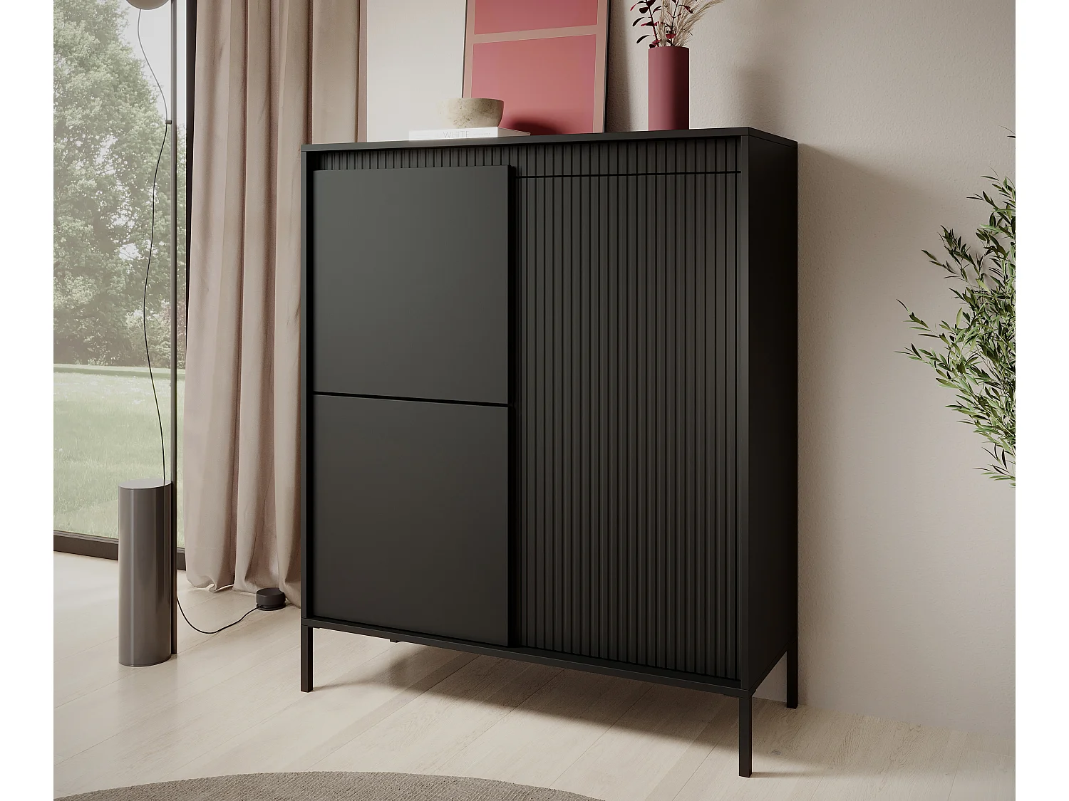 AX LIVING Highboard moderne noir Trentinis 103,5 cm avec façade rainurée
