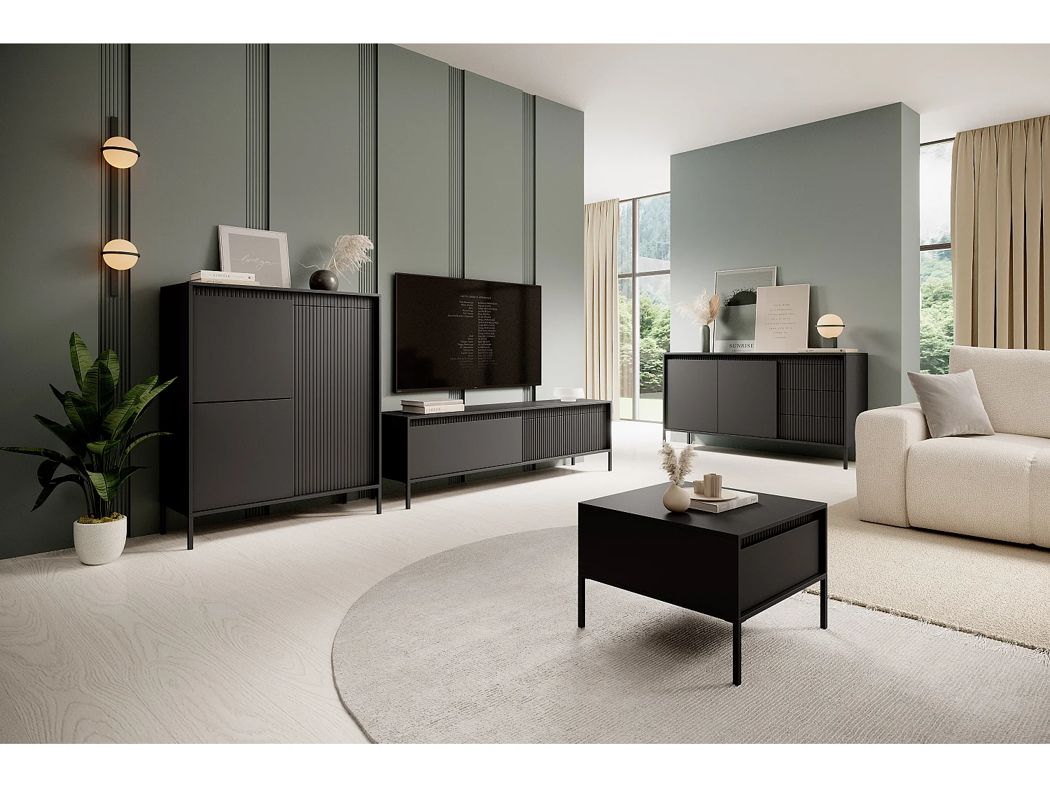 AX LIVING Highboard moderne noir Trentinis 103,5 cm avec façade rainurée