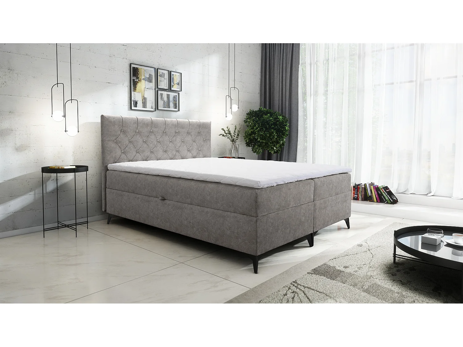 AX LIVING lit boxspring 140x200 avec coffre de rangement Palmeria en gris beige