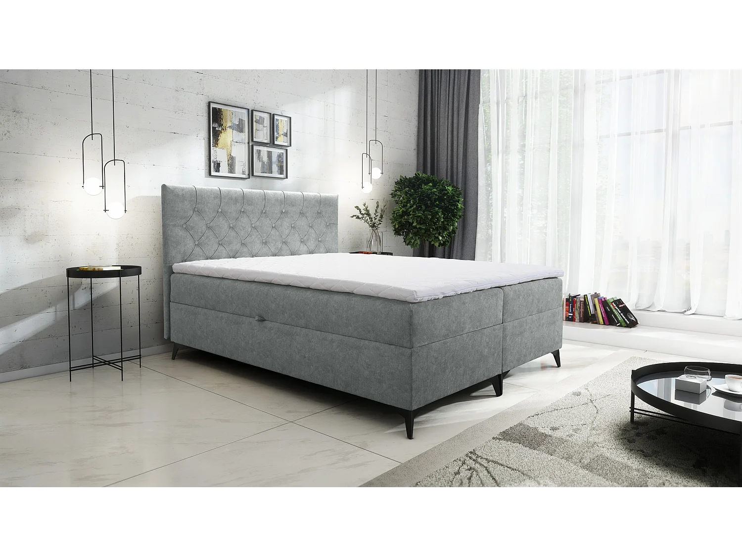 AX LIVING lit boxspring 140x200 Palmeria gris clair avec coffre de rangement et surmatelas