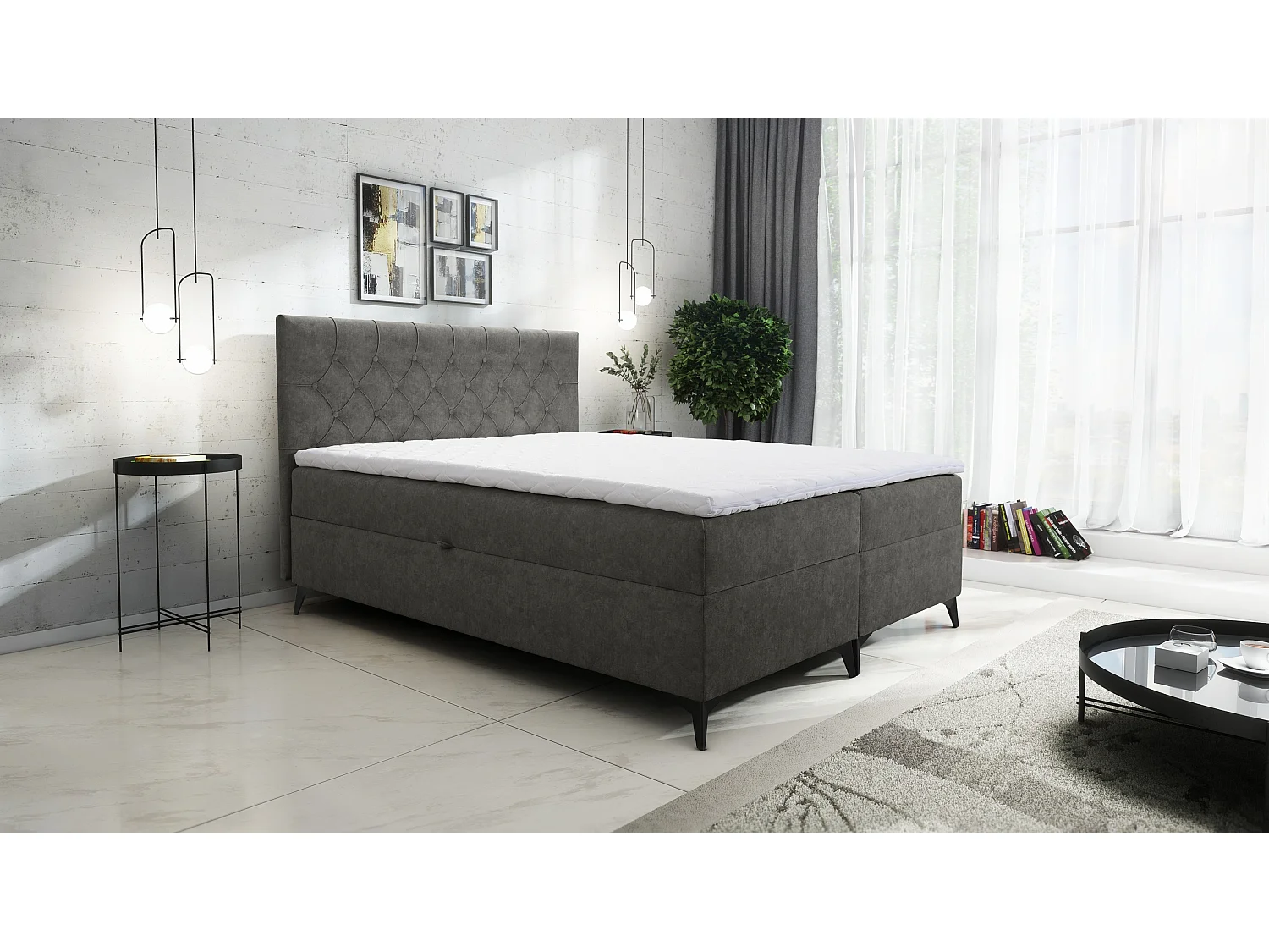 AX LIVING lit boxspring 180x200 Palmeria graphite avec coffre de rangement et surmatelas