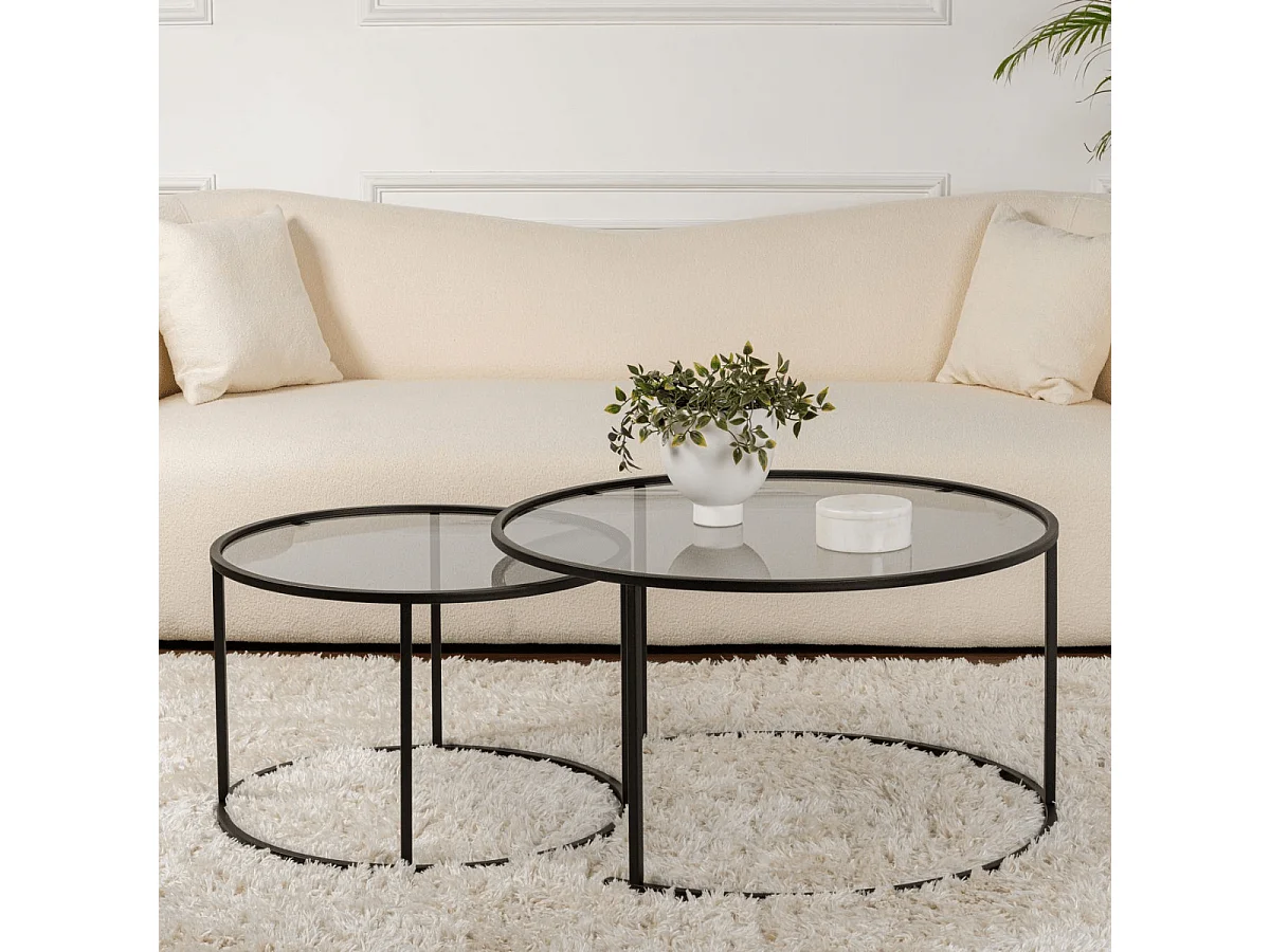 Set van 2 ronde, inschuifbare salontafels met glazen blad D80 cm – AURUM