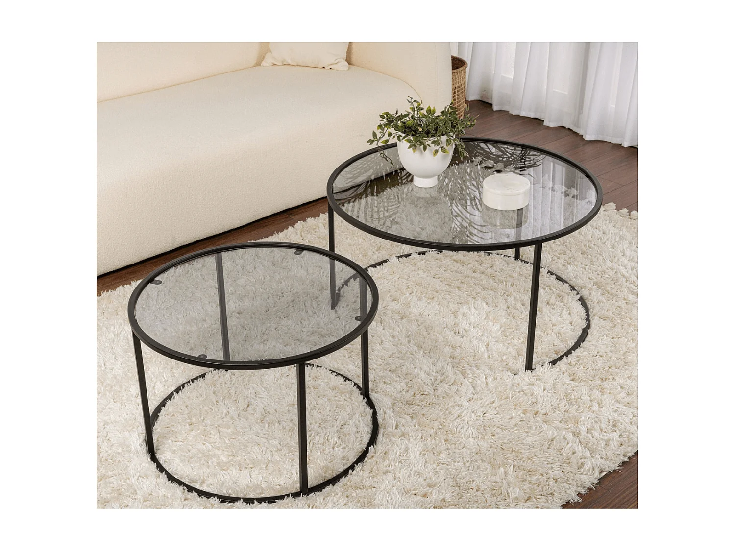 Set van 2 ronde, inschuifbare salontafels met glazen blad D80 cm – AURUM