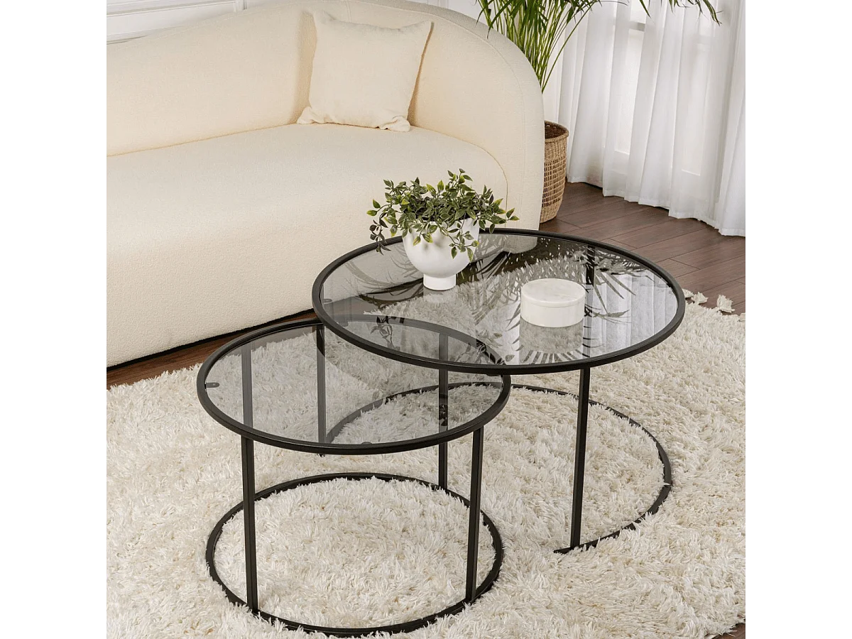 Lot de 2 tables basses gigognes rondes avec plateau en verre D80 cm - AURUM