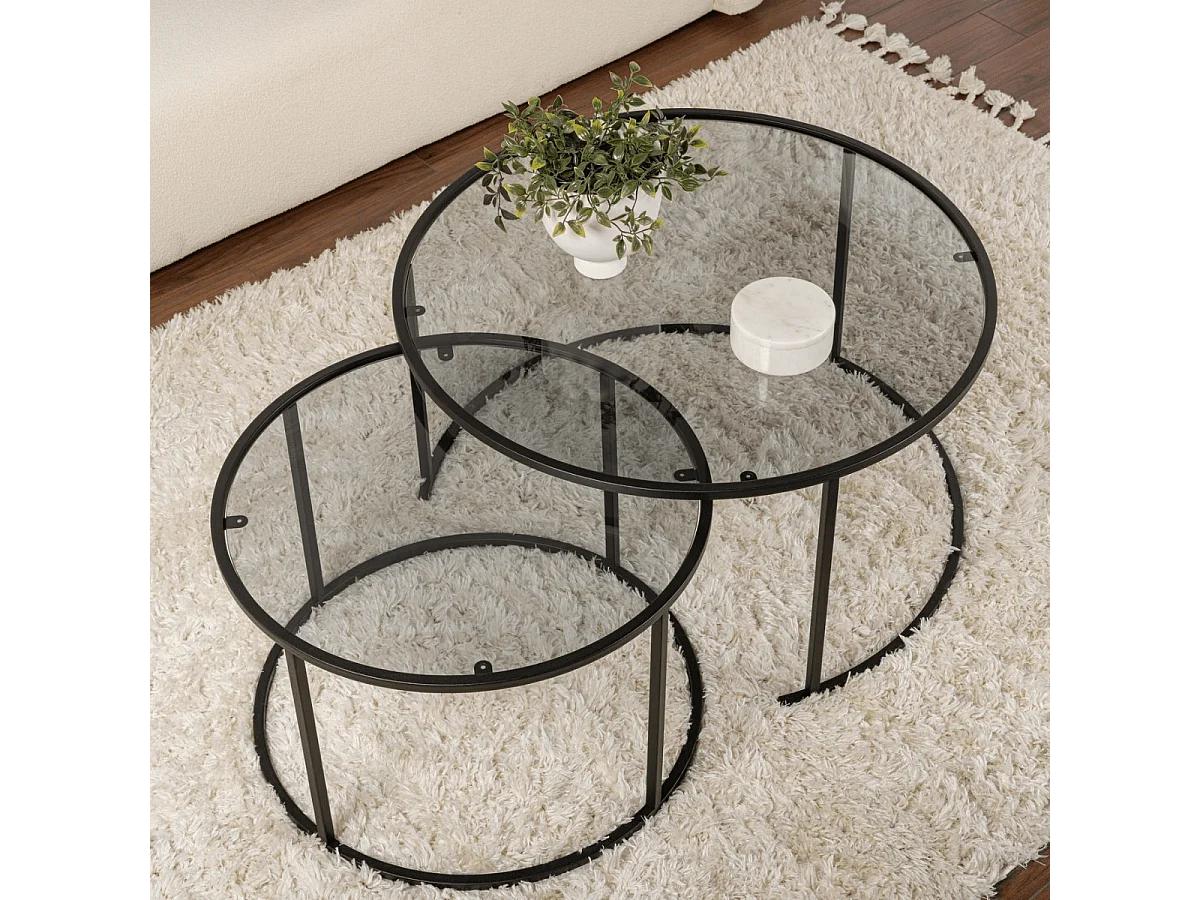 Lot de 2 tables basses gigognes rondes avec plateau en verre D80 cm - AURUM