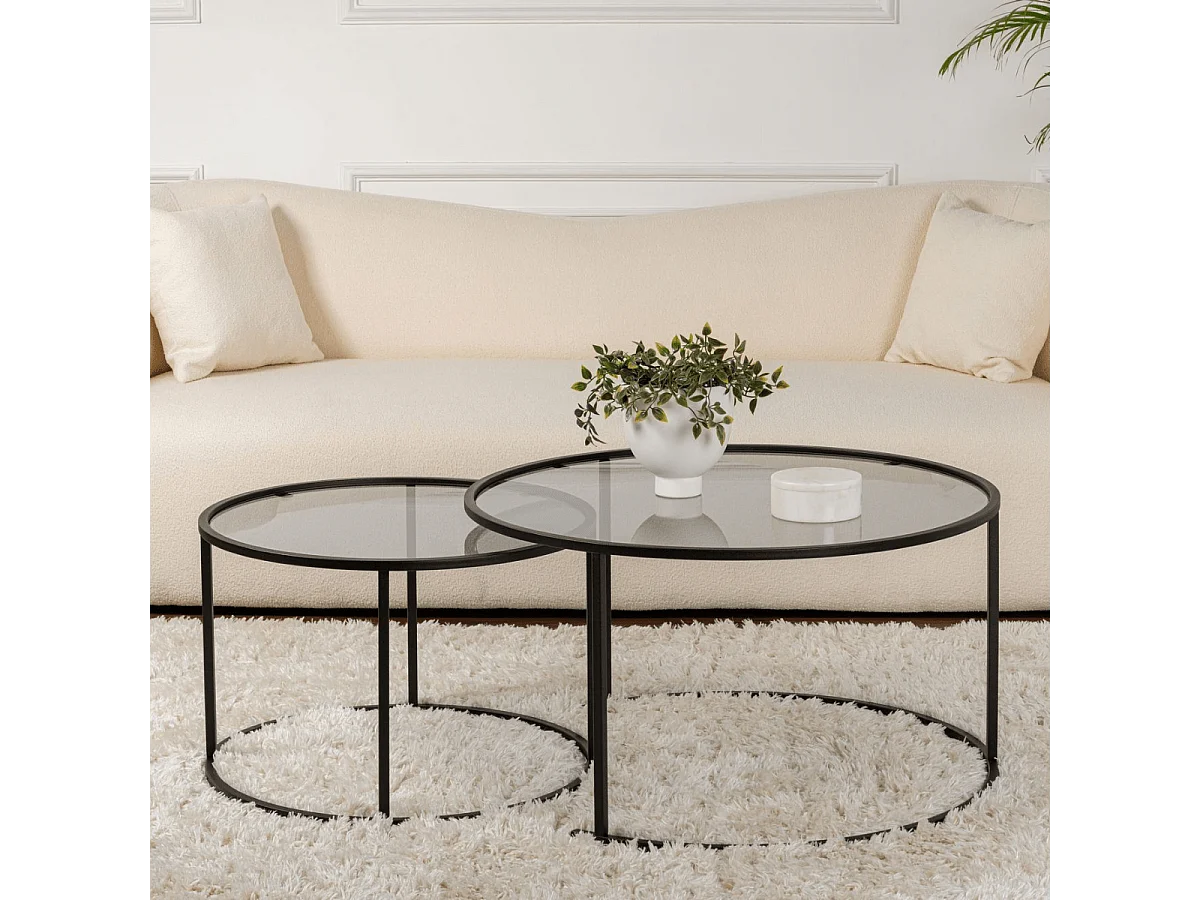 Lot de 2 tables basses gigognes rondes avec plateau en verre D80 cm - AURUM