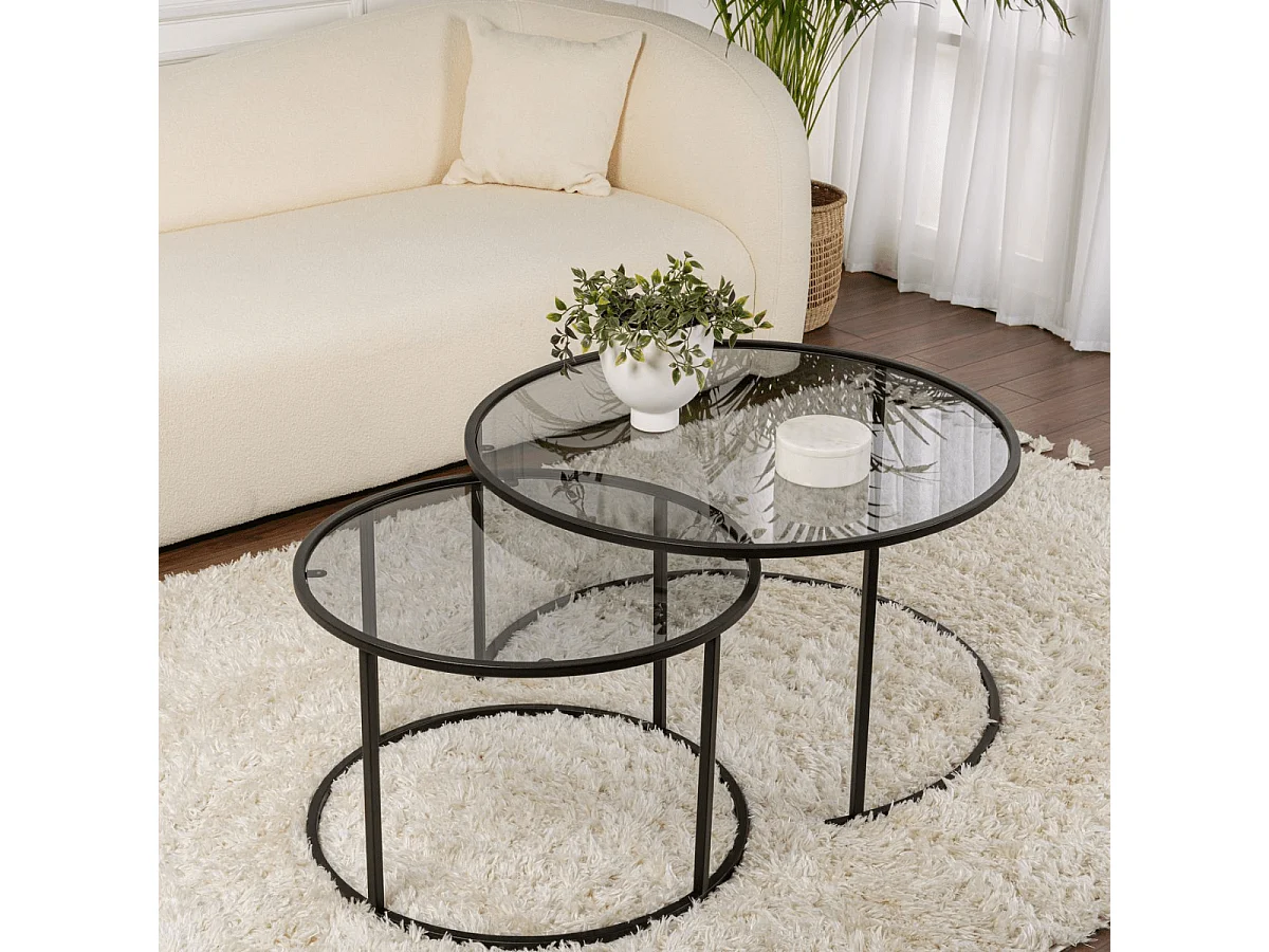 Lot de 2 tables basses gigognes rondes avec plateau en verre D80 cm - AURUM