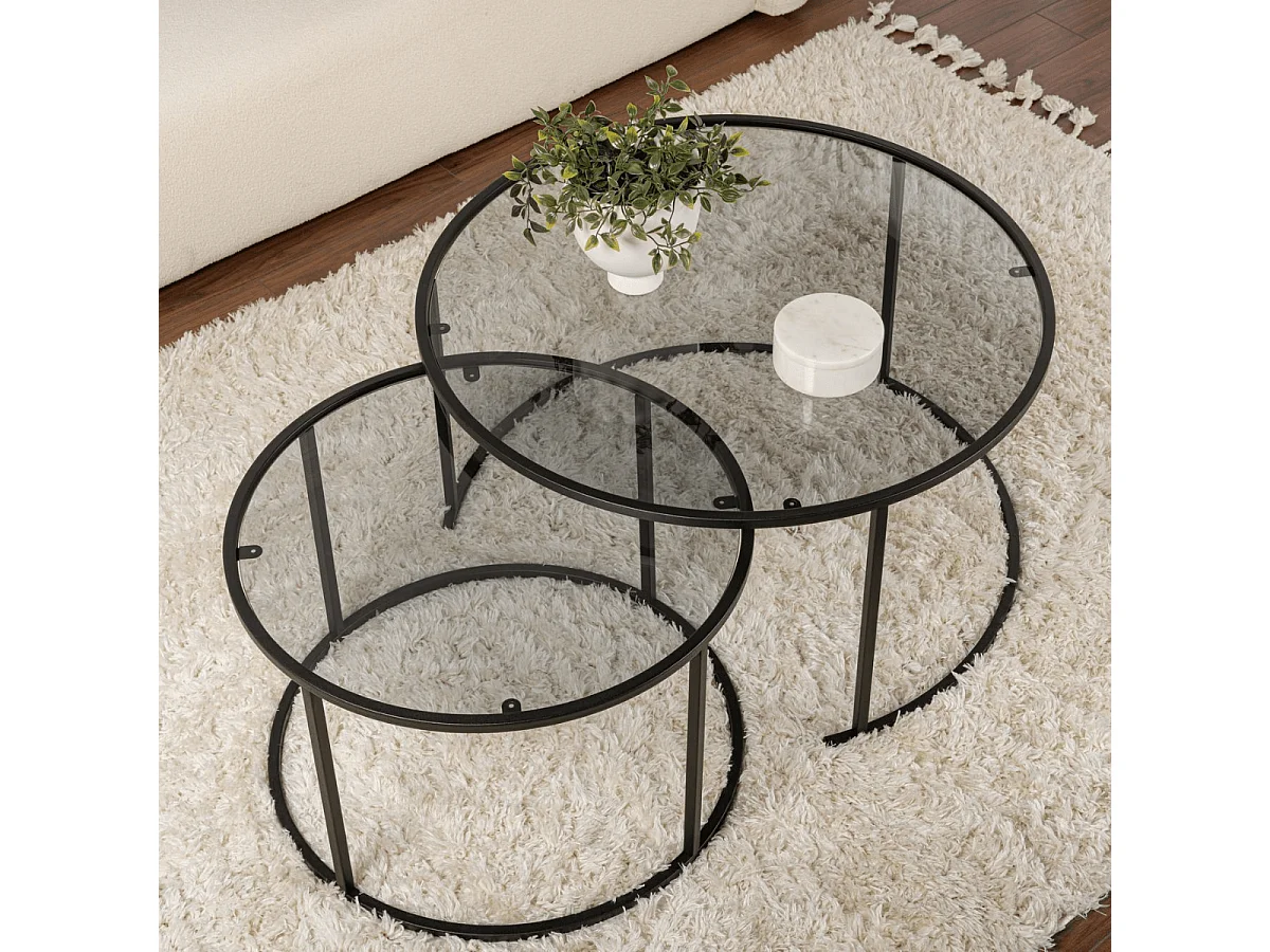 Lot de 2 tables basses gigognes rondes avec plateau en verre D80 cm - AURUM
