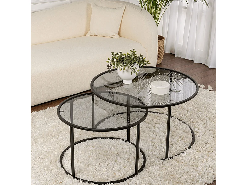 Set van 2 ronde, inschuifbare salontafels met glazen blad D80 cm – AURUM