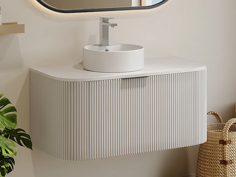 Mobile bagno sospeso con scanalature e lavabo da appoggio e rubinetto Bianco opaco 100 cm - LOMERI