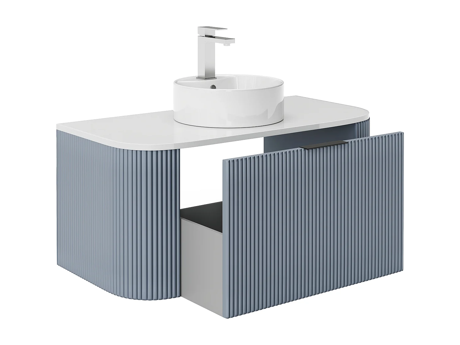 Waschbeckenunterschrank hängend mit Aufsatzwaschbecken – Streifenoptik – Blau matt – 100 cm – LOMERI