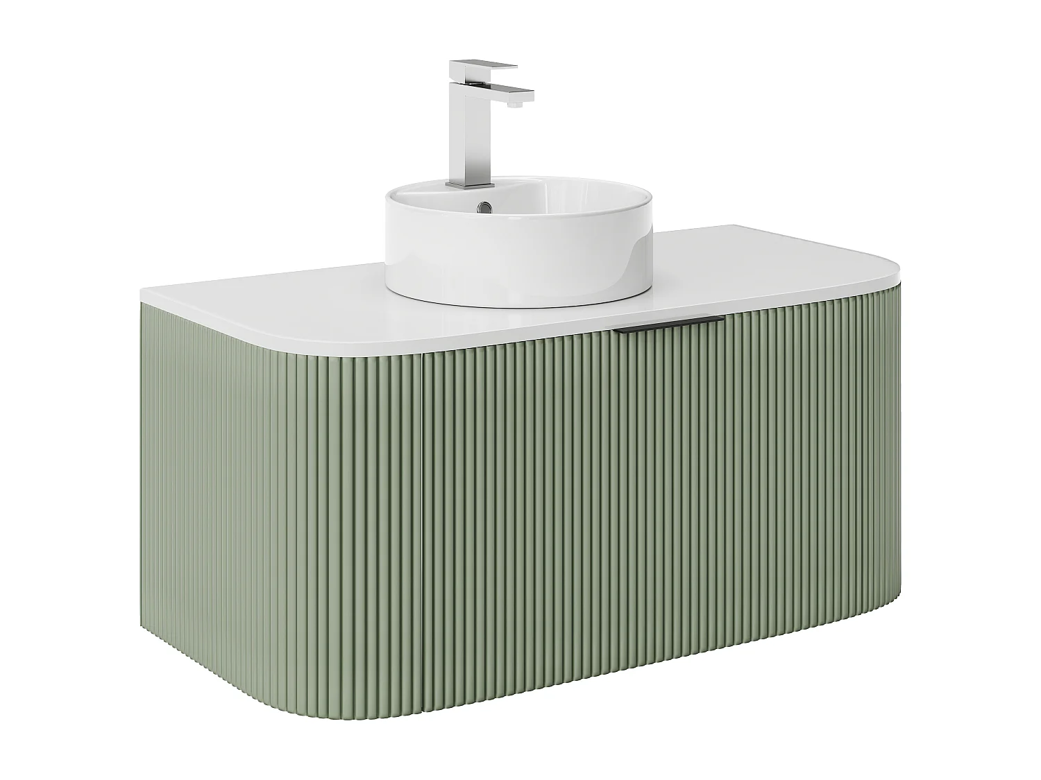 Podwieszana szafka łazienkowa prążkowana z umywalką nablatową i kranem – Matowa zieleń – 100 cm – LOMERI