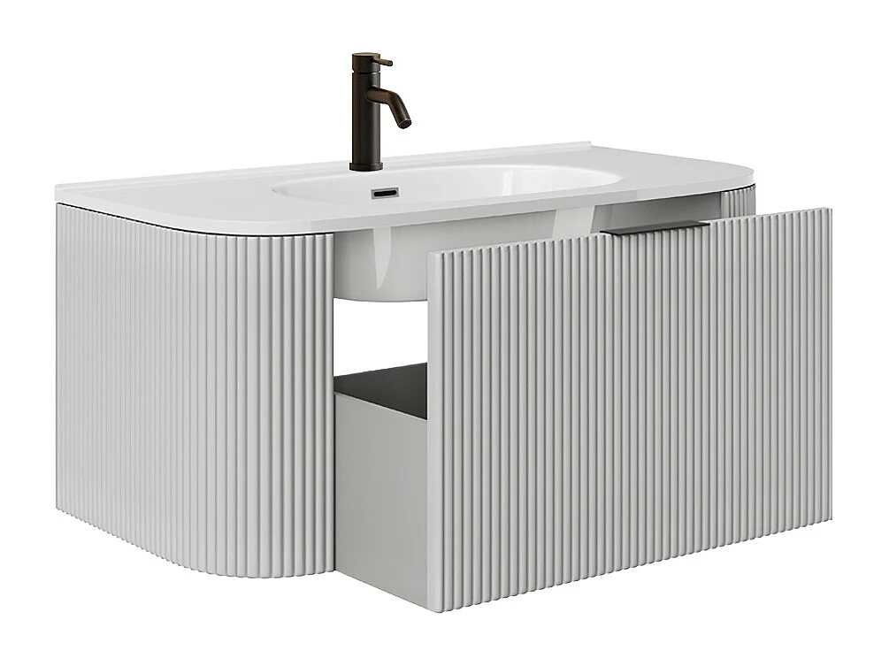 Mueble de baño suspendido estriado con lavabo encastrado y grifo - Blanco mate - 100 cm - LOMERI