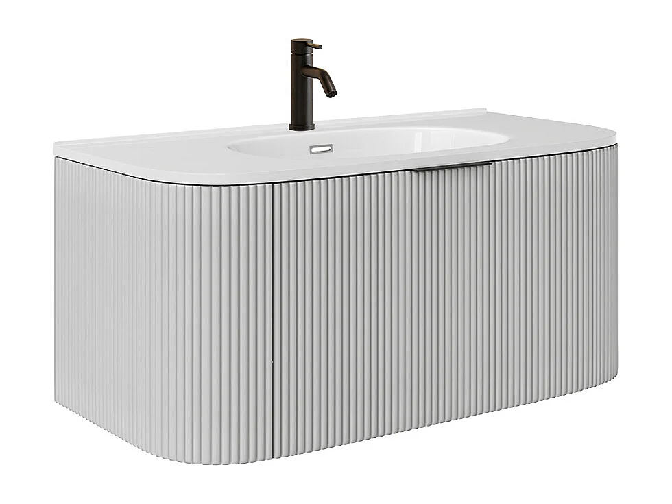 Mueble de baño suspendido estriado con lavabo encastrado y grifo - Blanco mate - 100 cm - LOMERI