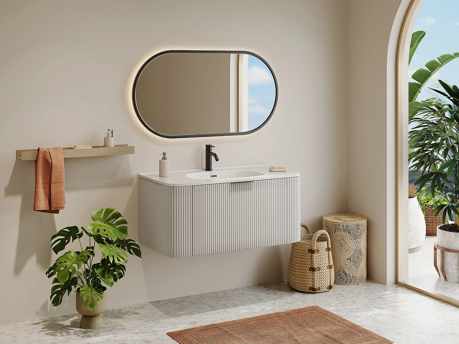Mueble de baño suspendido estriado con lavabo encastrado y grifo - Blanco mate - 100 cm - LOMERI