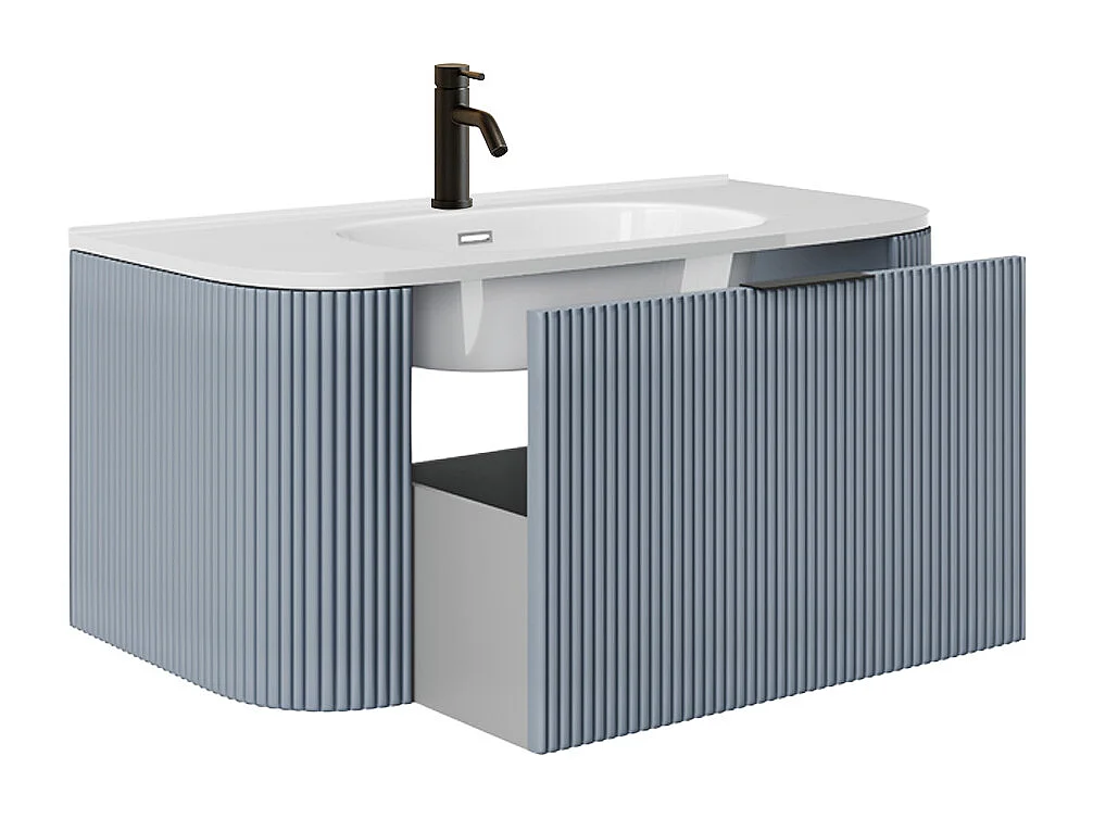 Mueble de baño suspendido estriado con lavabo encastrado y grifo - Azul mate - 100 cm - LOMERI