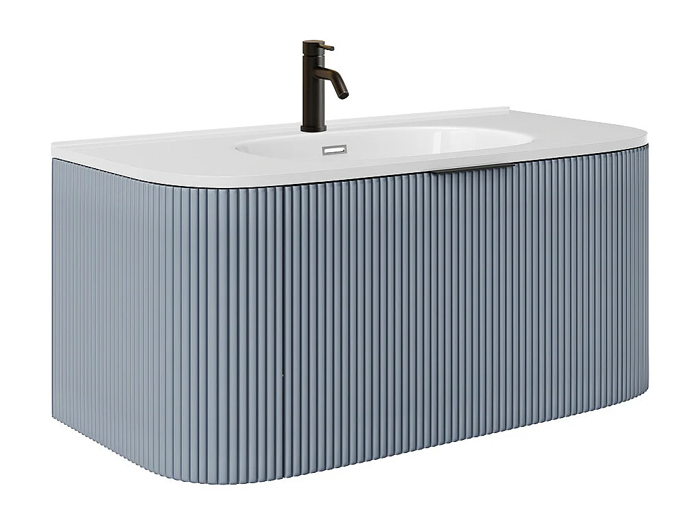 Mueble de baño suspendido estriado con lavabo encastrado y grifo - Azul mate - 100 cm - LOMERI