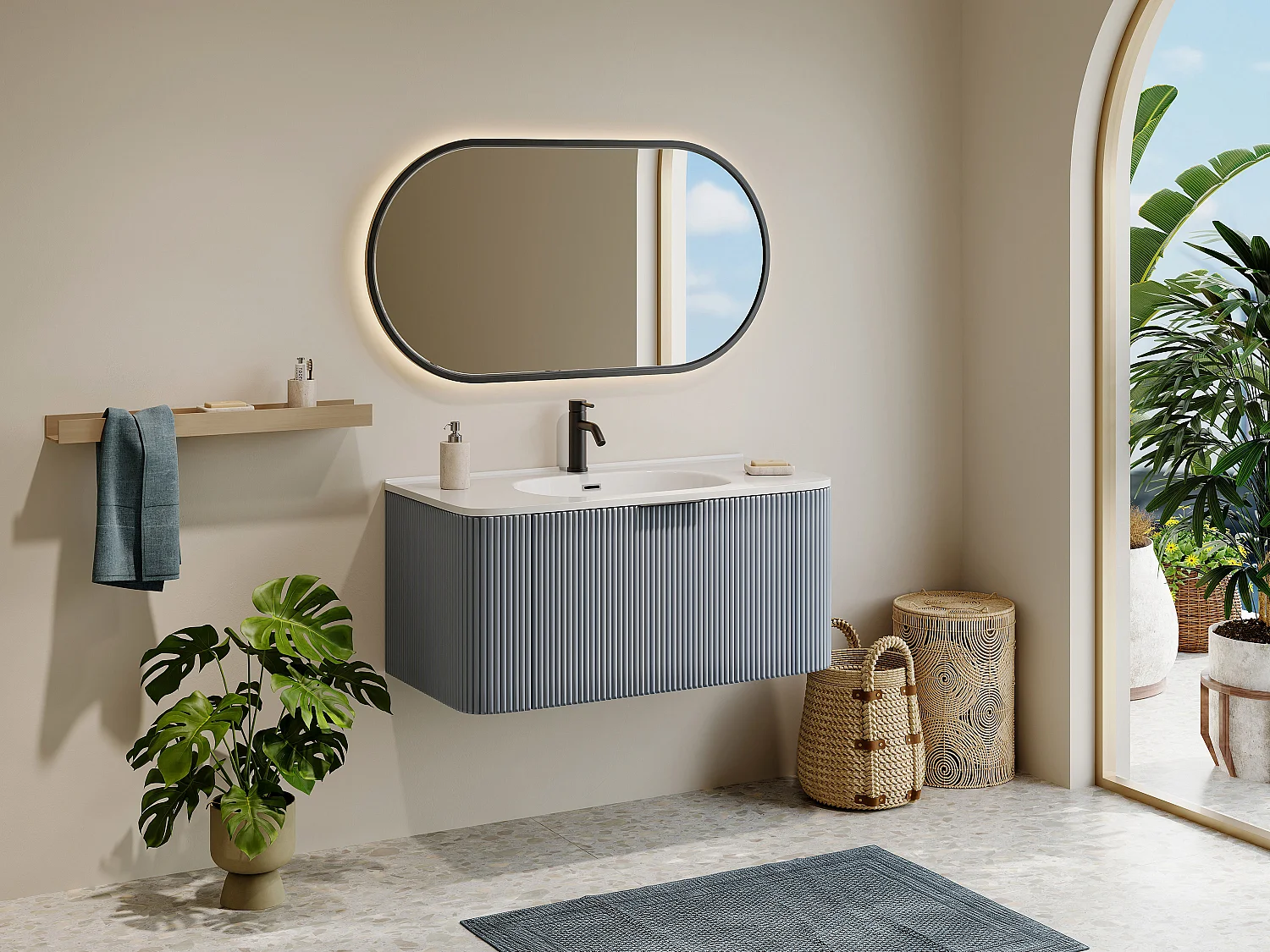 Mueble de baño suspendido estriado con lavabo encastrado y grifo - Azul mate - 100 cm - LOMERI