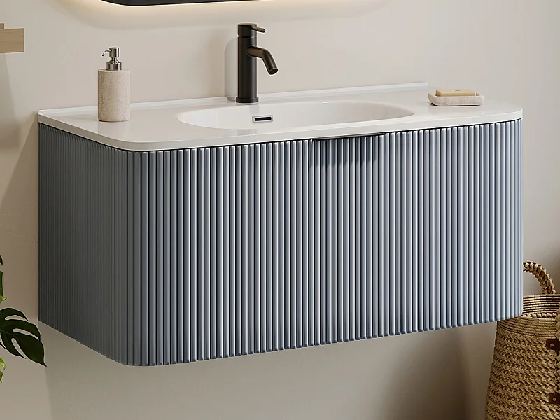 Mueble de baño suspendido estriado con lavabo encastrado y grifo - Azul mate - 100 cm - LOMERI