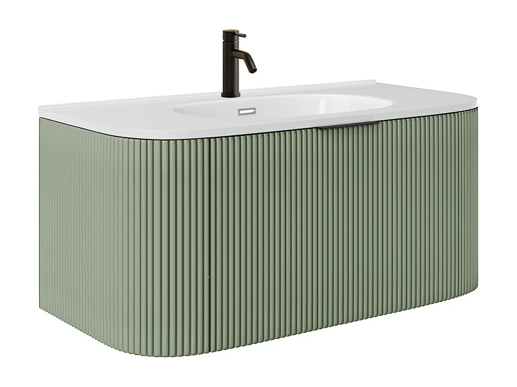 Mueble de baño suspendido estriado con lavabo encastrado y grifo - Verde mate - 100 cm - LOMERI