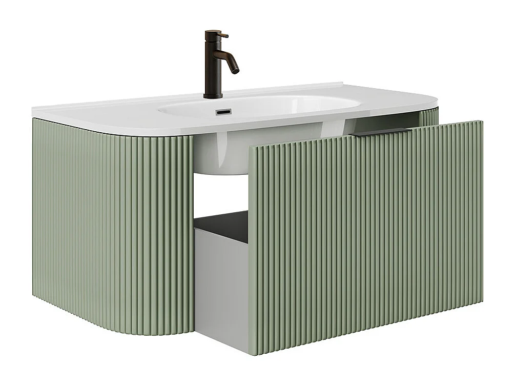 Mueble de baño suspendido estriado con lavabo encastrado y grifo - Verde mate - 100 cm - LOMERI