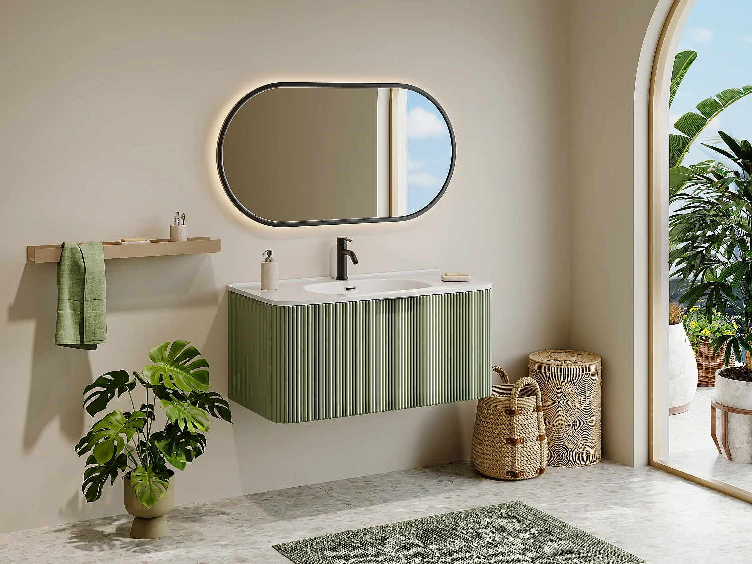 Mueble de baño suspendido estriado con lavabo encastrado y grifo - Verde mate - 100 cm - LOMERI