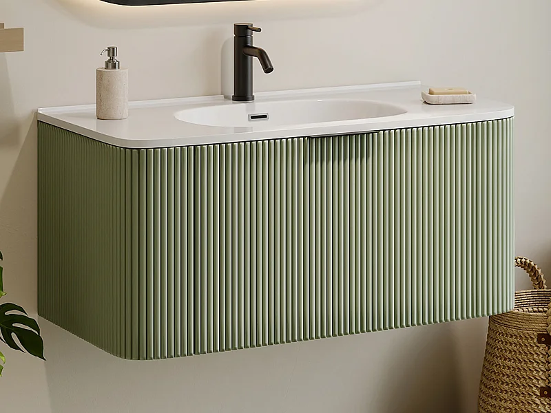 Mueble de baño suspendido estriado con lavabo encastrado y grifo - Verde mate - 100 cm - LOMERI