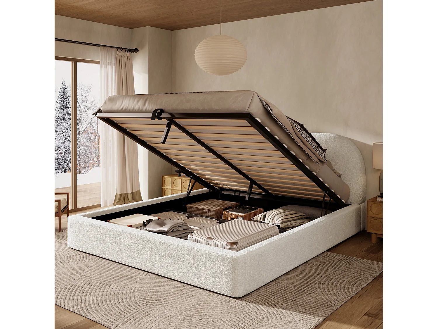 Lit capitonné, lit double, 180 x 200 cm, lit réglable hydrauliquement, sommier à lattes, tête de lit et grand espace de rangement, tête de lit rembourrée, beige