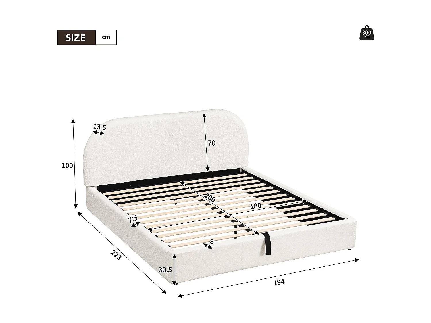 Lit capitonné, lit double, 180 x 200 cm, lit réglable hydrauliquement, sommier à lattes, tête de lit et grand espace de rangement, tête de lit rembourrée, beige