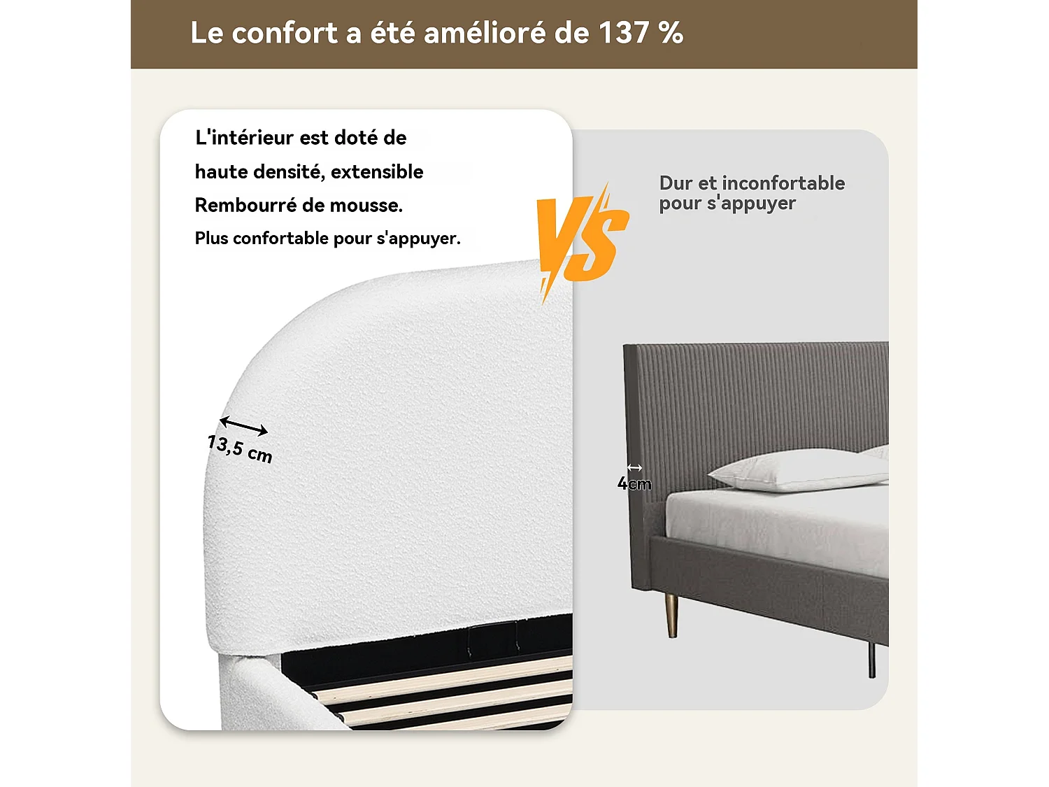Lit capitonné, lit double, 180 x 200 cm, lit réglable hydrauliquement, sommier à lattes, tête de lit et grand espace de rangement, tête de lit rembourrée, beige
