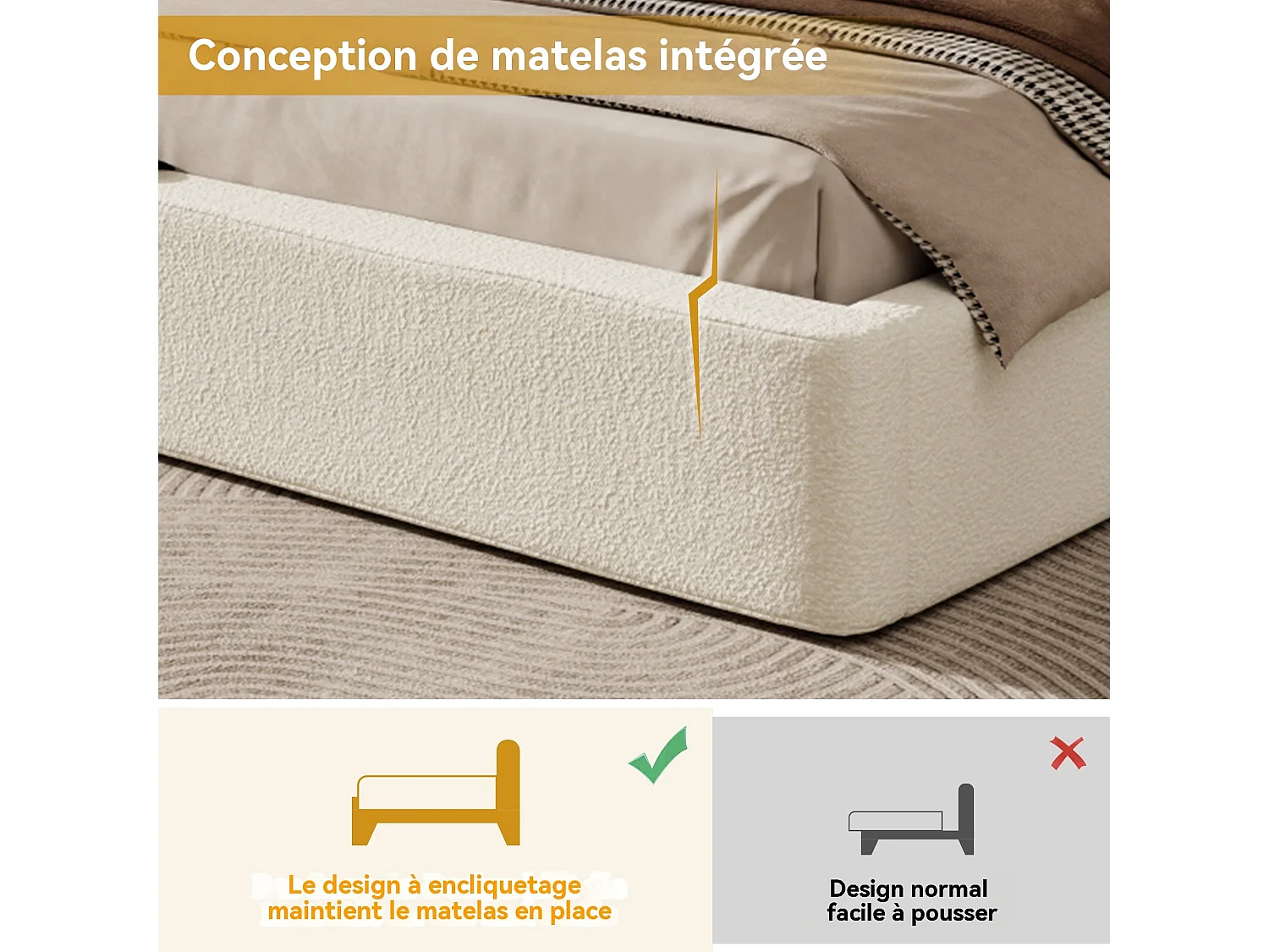 Lit capitonné, lit double, 180 x 200 cm, lit réglable hydrauliquement, sommier à lattes, tête de lit et grand espace de rangement, tête de lit rembourrée, beige