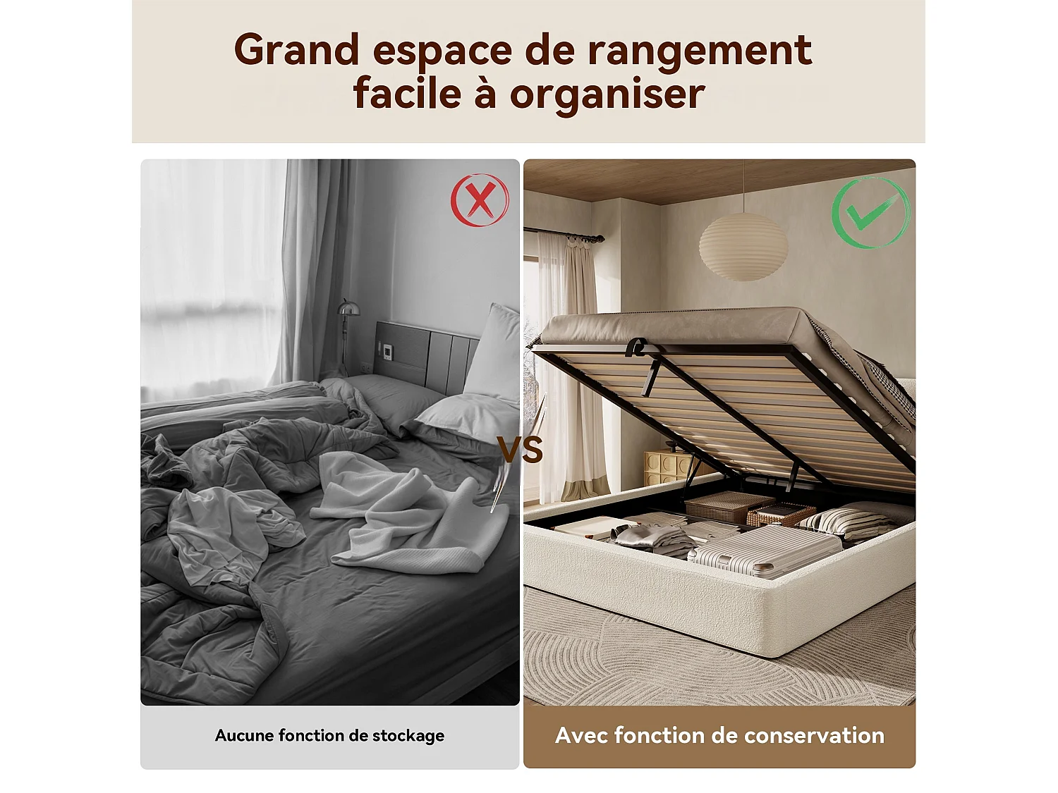 Lit capitonné, lit double, 180 x 200 cm, lit réglable hydrauliquement, sommier à lattes, tête de lit et grand espace de rangement, tête de lit rembourrée, beige