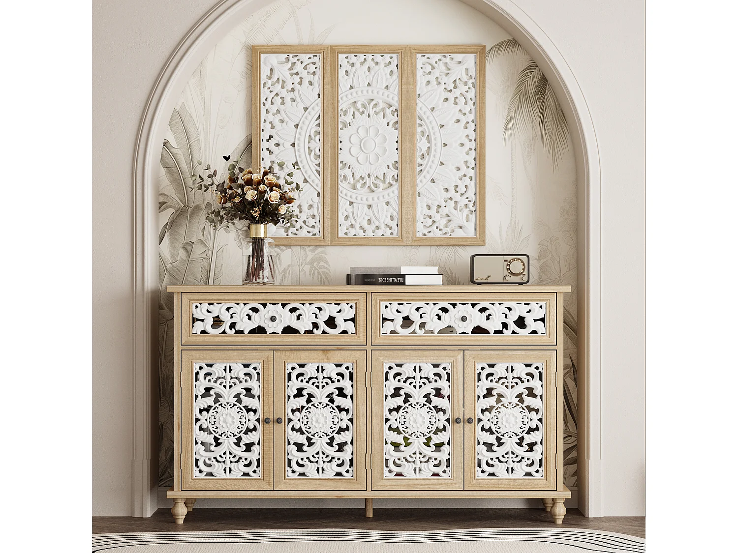 Buffet de Salon avec Décor Mural, 2 Tiroirs et 4 Portes avec Façade Sculptés et Ajourés, Chambre et Salon, 150x40x90, Blanc et Chêne