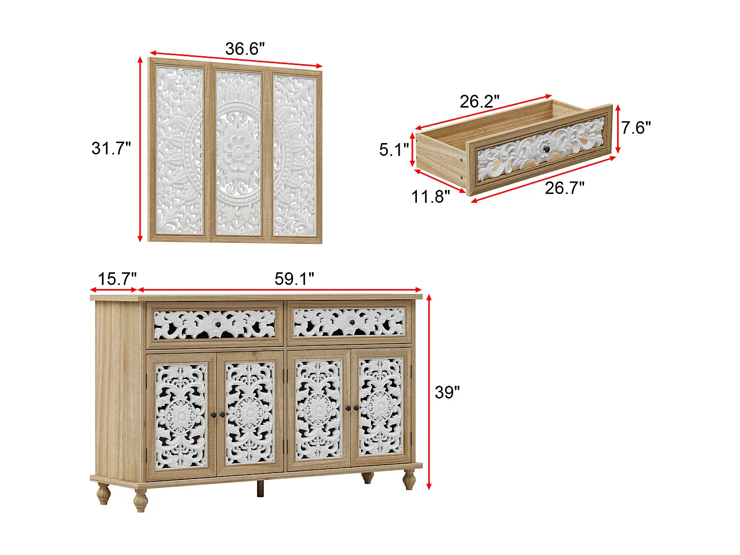 Buffet de Salon avec Décor Mural, 2 Tiroirs et 4 Portes avec Façade Sculptés et Ajourés, Chambre et Salon, 150x40x90, Blanc et Chêne