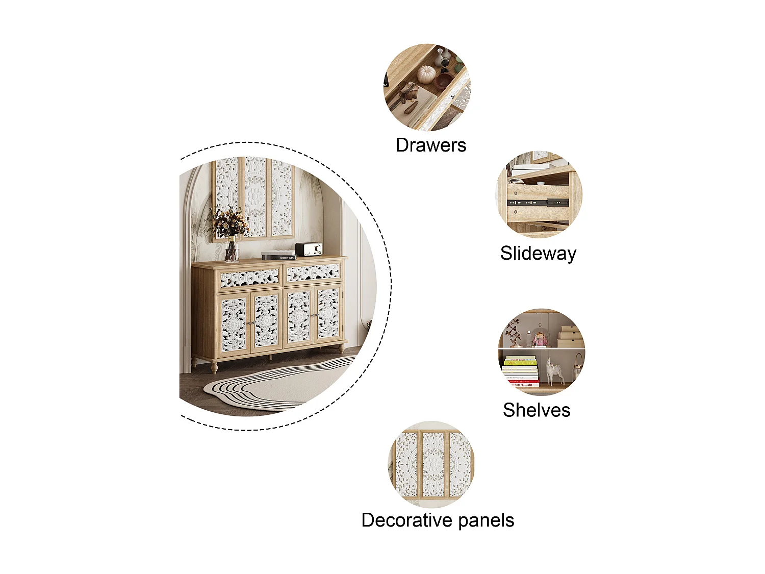 Buffet de Salon avec Décor Mural, 2 Tiroirs et 4 Portes avec Façade Sculptés et Ajourés, Chambre et Salon, 150x40x90, Blanc et Chêne