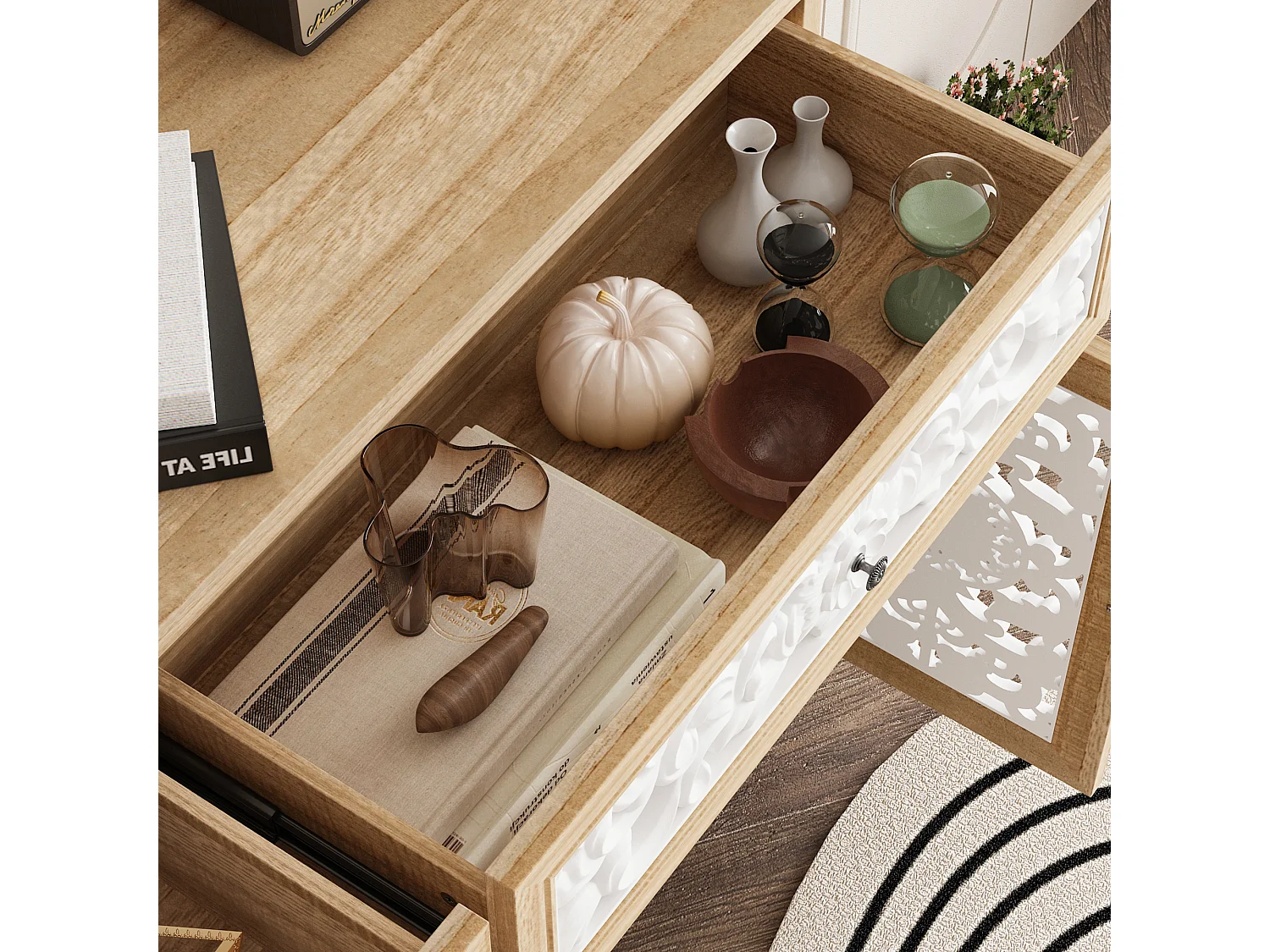 Buffet de Salon avec Décor Mural, 2 Tiroirs et 4 Portes avec Façade Sculptés et Ajourés, Chambre et Salon, 150x40x90, Blanc et Chêne