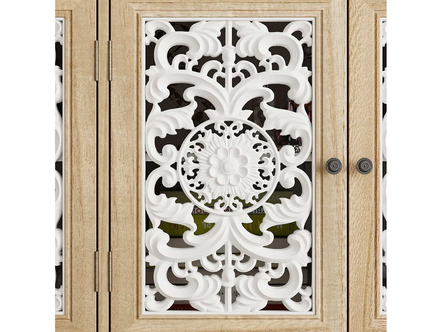 Buffet de Salon avec Décor Mural, 2 Tiroirs et 4 Portes avec Façade Sculptés et Ajourés, Chambre et Salon, 150x40x90, Blanc et Chêne