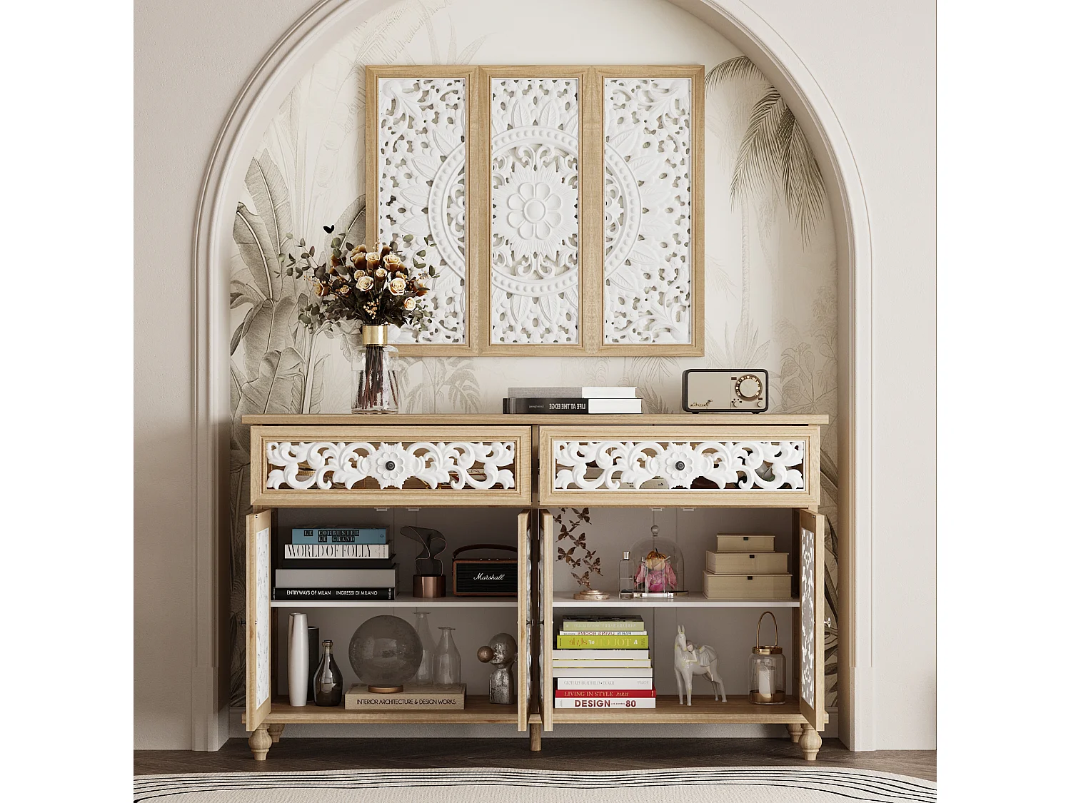 Buffet de Salon avec Décor Mural, 2 Tiroirs et 4 Portes avec Façade Sculptés et Ajourés, Chambre et Salon, 150x40x90, Blanc et Chêne