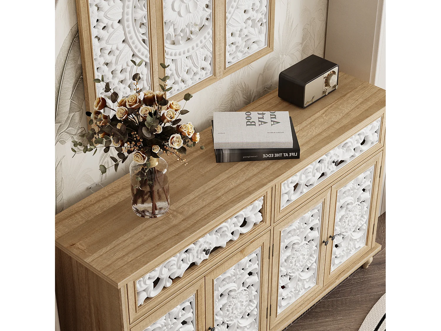 Buffet de Salon avec Décor Mural, 2 Tiroirs et 4 Portes avec Façade Sculptés et Ajourés, Chambre et Salon, 150x40x90, Blanc et Chêne