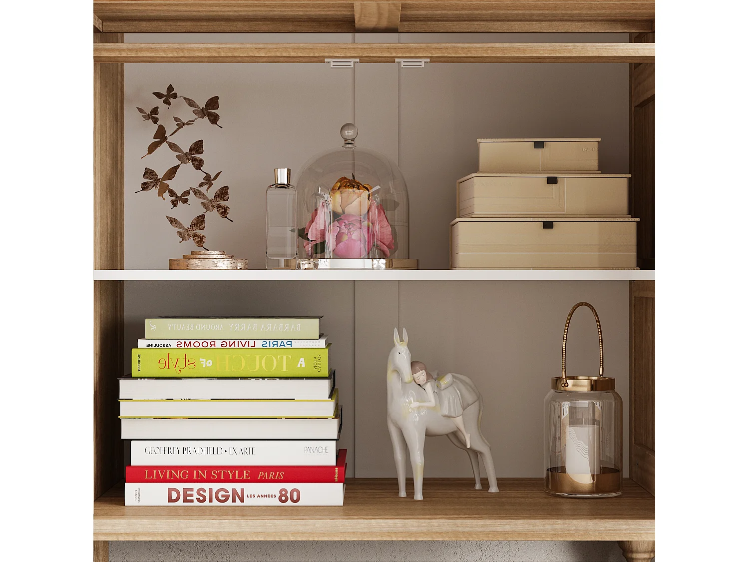 Buffet de Salon avec Décor Mural, 2 Tiroirs et 4 Portes avec Façade Sculptés et Ajourés, Chambre et Salon, 150x40x90, Blanc et Chêne