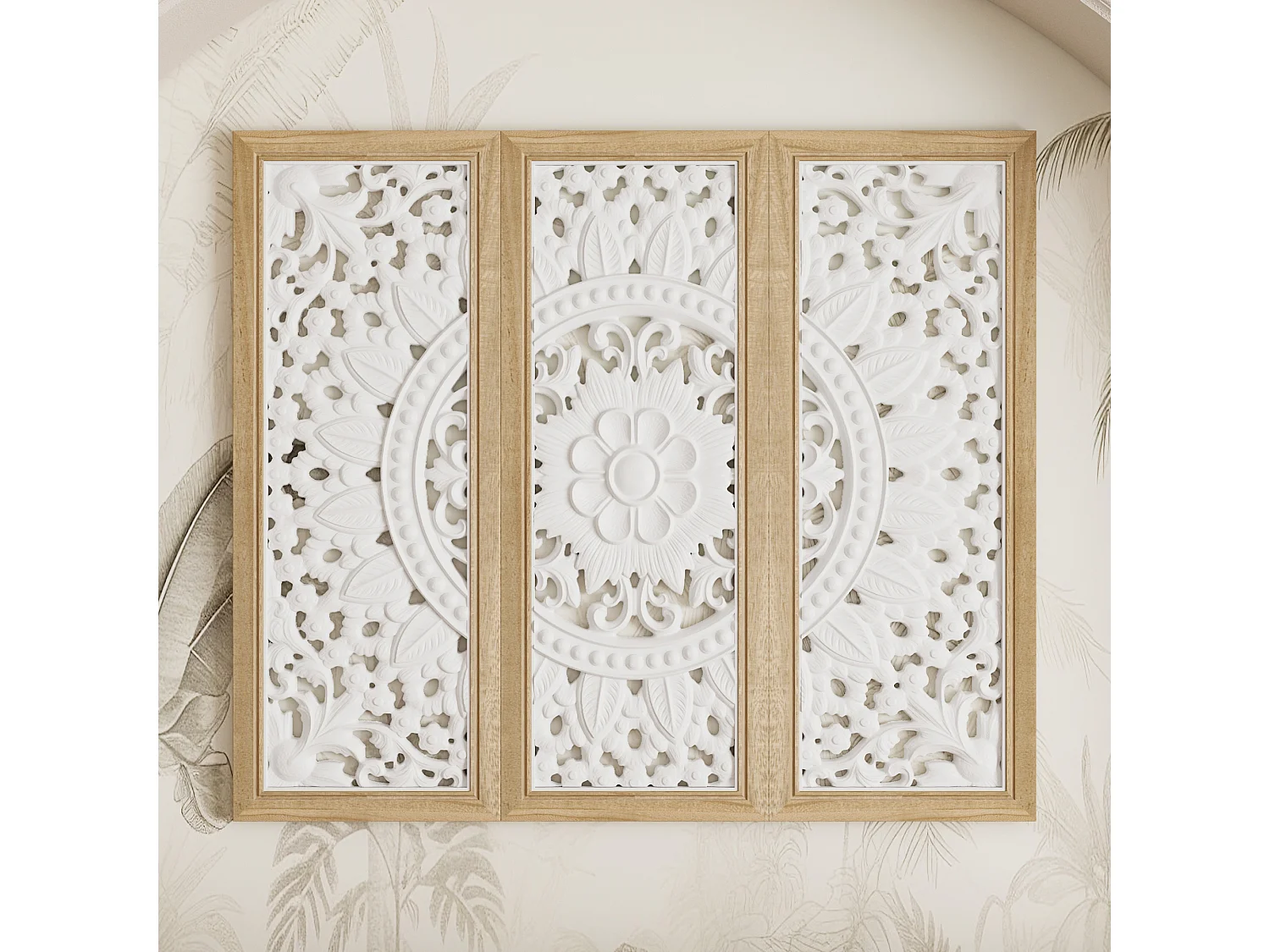 Buffet de Salon avec Décor Mural, 2 Tiroirs et 4 Portes avec Façade Sculptés et Ajourés, Chambre et Salon, 150x40x90, Blanc et Chêne