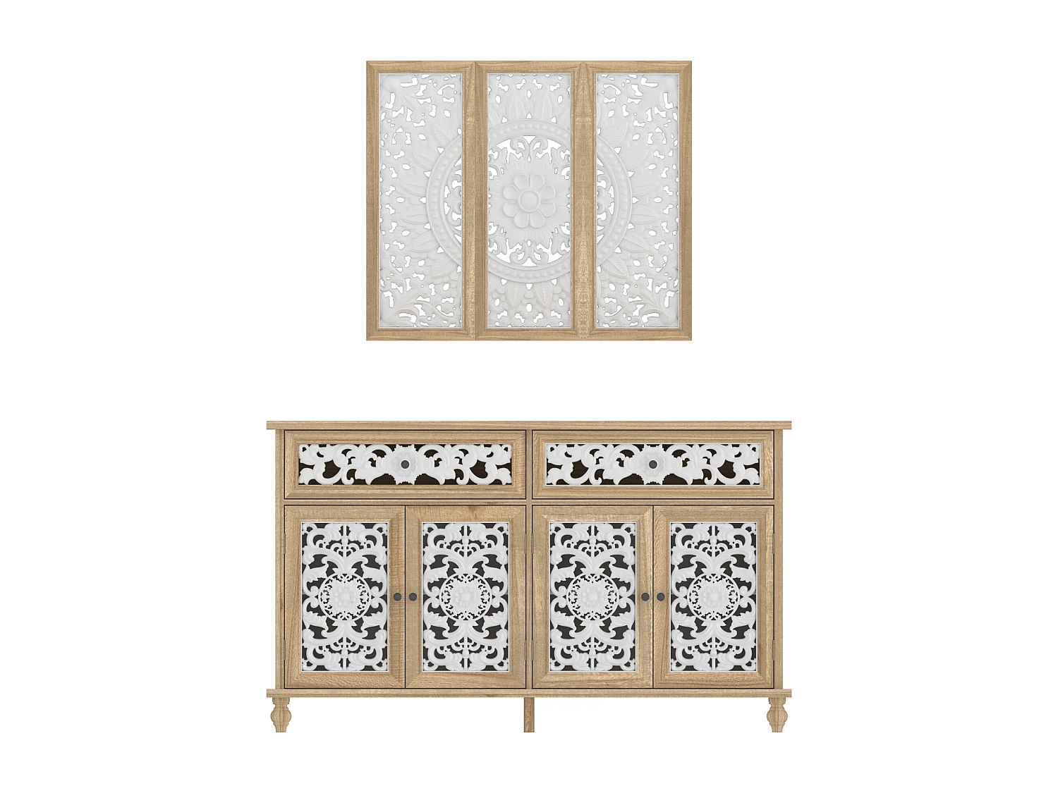 Buffet de Salon avec Décor Mural, 2 Tiroirs et 4 Portes avec Façade Sculptés et Ajourés, Chambre et Salon, 150x40x90, Blanc et Chêne