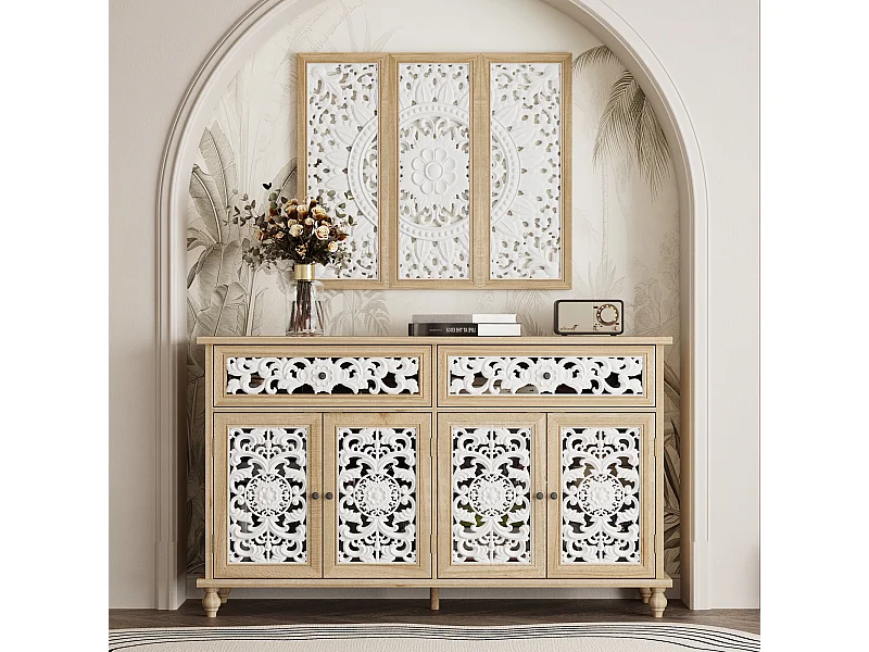 Buffet de Salon avec Décor Mural, 2 Tiroirs et 4 Portes avec Façade Sculptés et Ajourés, Chambre et Salon, 150x40x90, Blanc et Chêne
