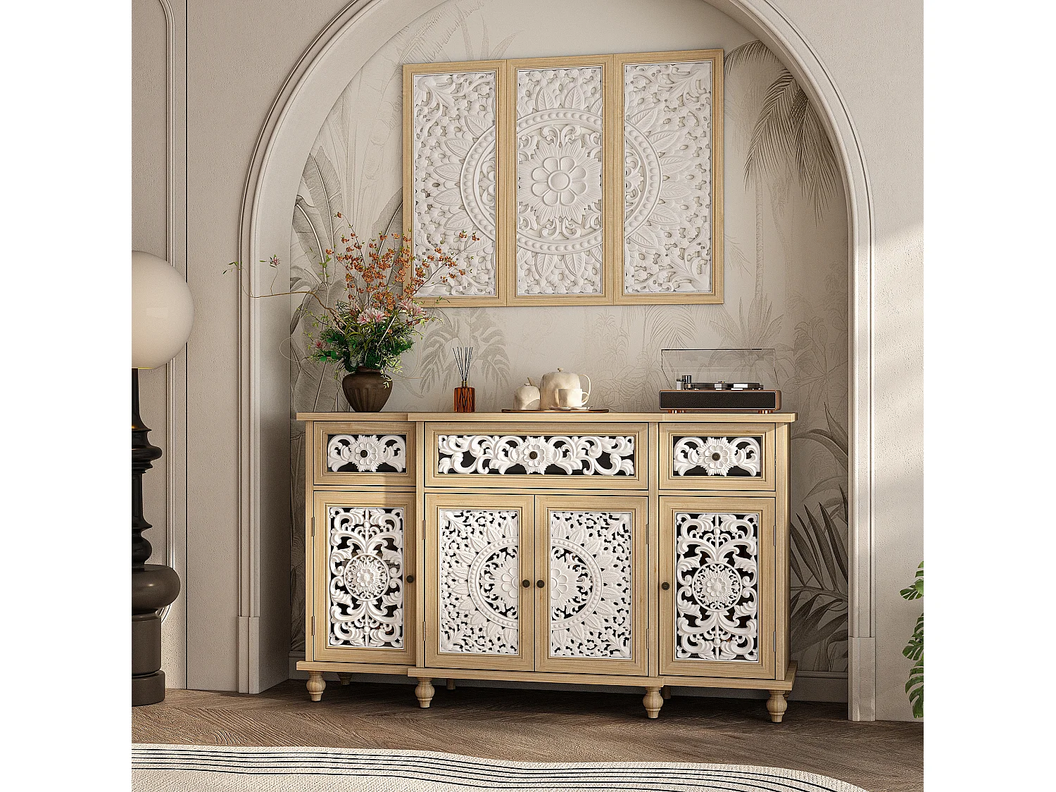 Buffet de Salon avec Décor Mural, 3 Tiroirs et 4 Portes avec Façade Sculptés et Ajourés, Chambre et Salon, 150x40x90, Blanc et Chêne